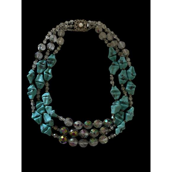 Antique Art Deco Faux Turquoise Glass AB Faceted Triple Strand Necklace RARE - Picture 9 of 11